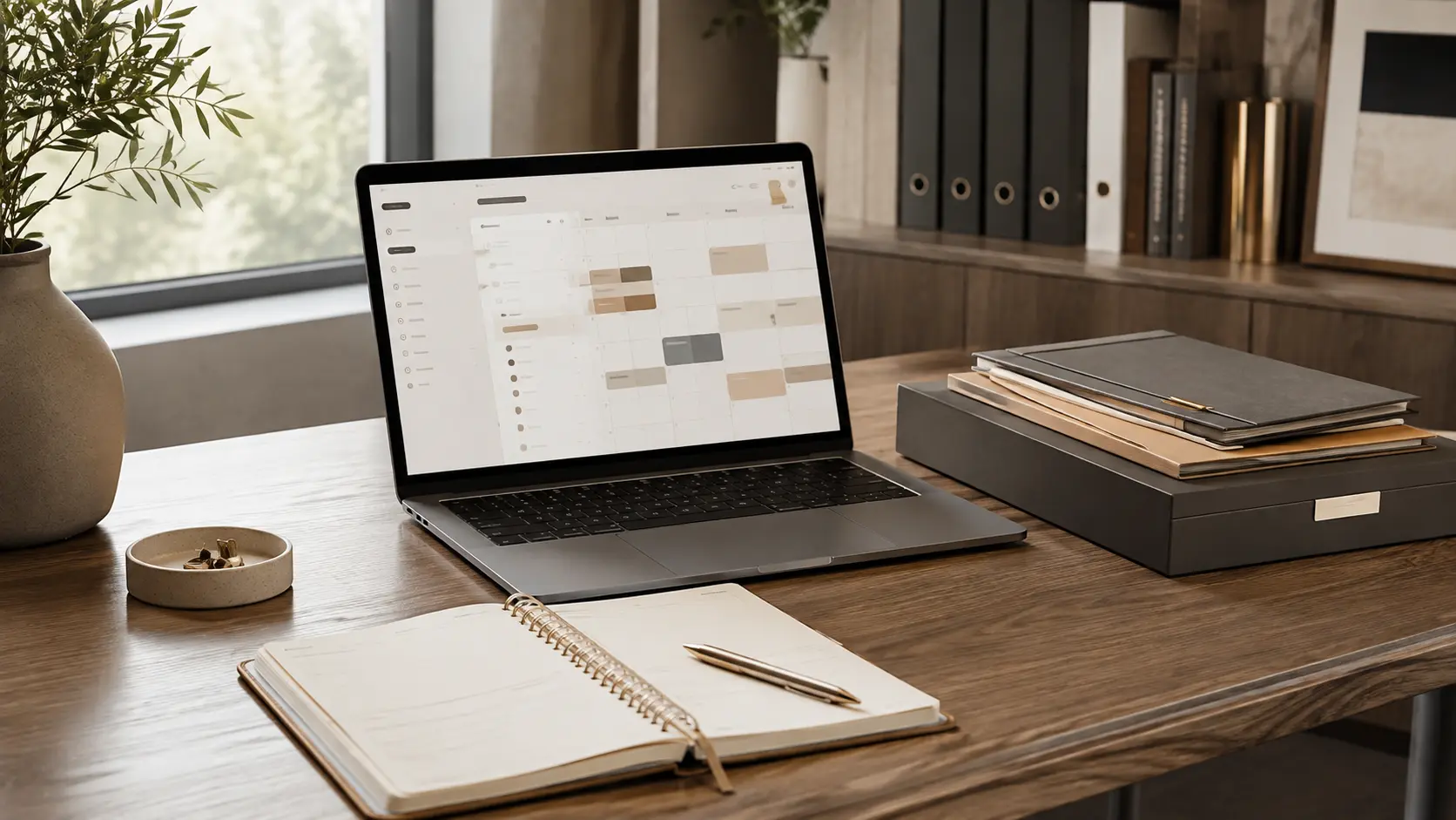 Organized executive workspace with a laptop, planner, and business files